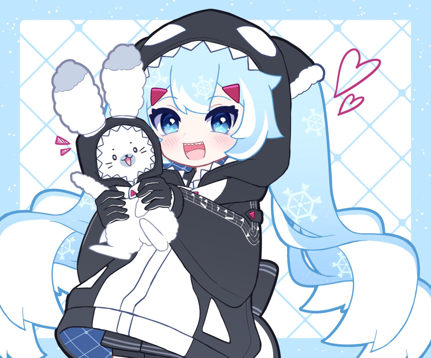 1girl, 1other, animal, animal_ears, beamed_eighth_notes, black_gloves, black_hoodie, commentary
