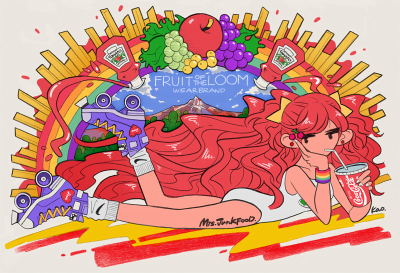 1girl, absurdly_long_hair, apple, blue_sky, cherry_hair_ornament, clouds, cloudy_sky, drinking_straw
