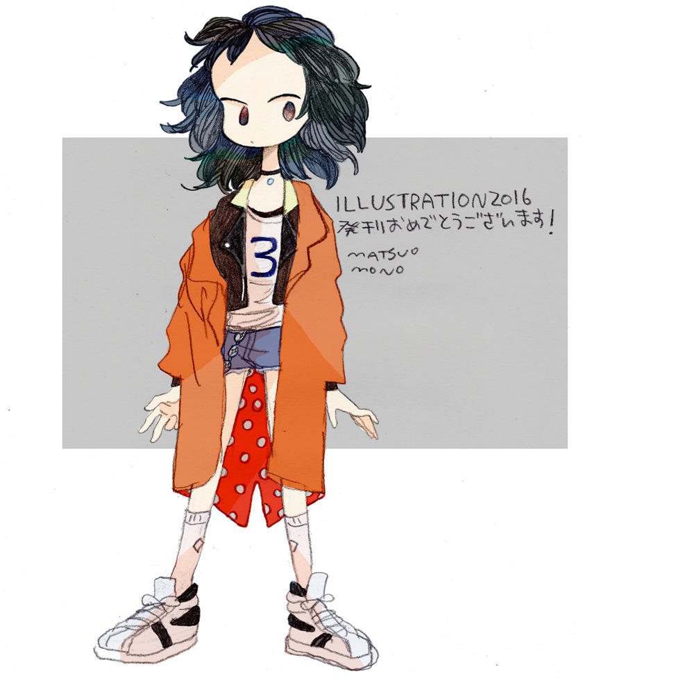 1girl, 2016, black_hair, blue_shorts, choker, forehead, illustration.media, jacket