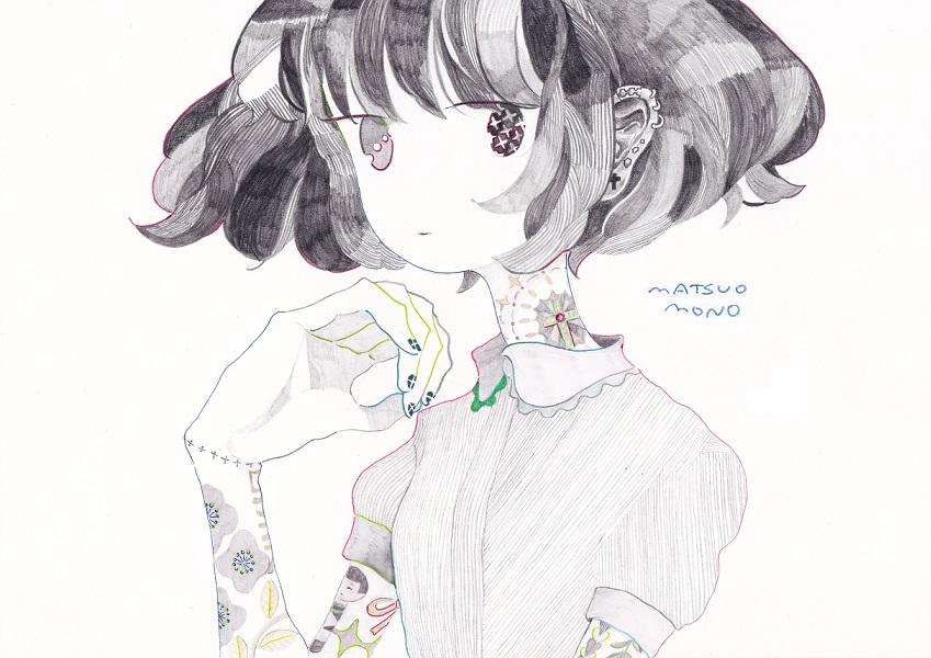 1girl, artist_name, bangs, collared_shirt, ear_piercing, earrings, expressionless, grey_hair