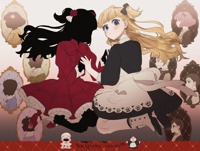 4boys, 6+girls, apron, black_dress, black_hair, black_skin, blonde_hair, blue_eyes