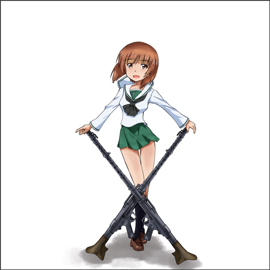 1girl, bangs, black_border, black_legwear, black_neckwear, blouse, border, brown_eyes, brown_footwear, brown_hair, commentary, eyebrows_visible_through_hair, girls_und_panzer, green_skirt, gun, holding, holding_gun, holding_weapon, loafers, long_sleeves, machine_gun, mg34, miniskirt, neckerchief, nishizumi_miho, ooarai_school_uniform, open_mouth, pleated_skirt, sailor_collar, school_uniform, serafuku, shadow, shoes, short_hair, simple_background, skirt, smile, socks, solo, standing, torise_kai, weapon, white_background, white_blouse, white_sailor_collar, wind, wind_lift