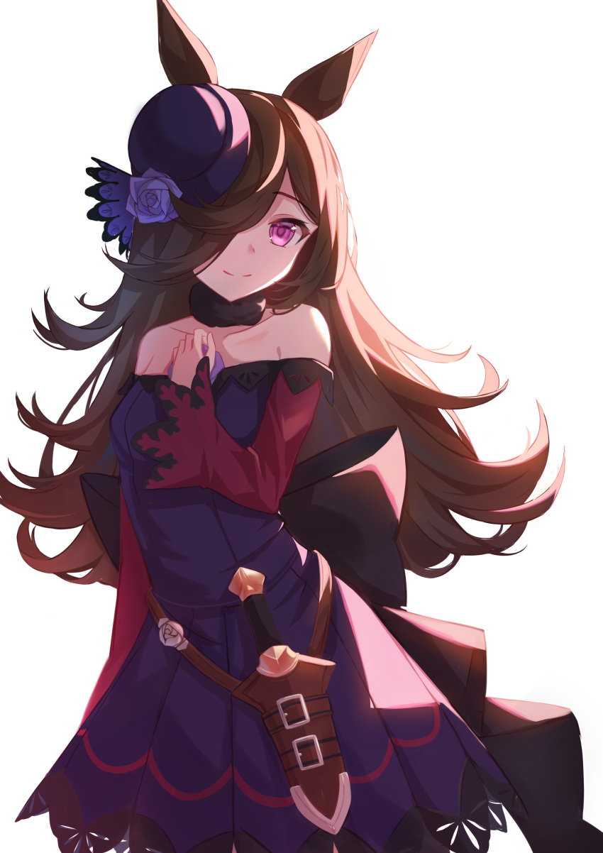 1girl, absurdres, backlighting, bangs, bare_shoulders, blue_dress, blue_flower, blue_headwear, blue_rose, breasts, brown_hair, closed_mouth, collarbone, dagger, dress, eyebrows_visible_through_hair, flower, hair_over_one_eye, hand_up, hat, hat_flower, highres, ling_yin, long_hair, long_sleeves, off-shoulder_dress, off_shoulder, pink_eyes, rice_shower_(umamusume), rose, simple_background, sleeves_past_wrists, small_breasts, smile, solo, tilted_headwear, umamusume, very_long_hair, weapon, white_background, wide_sleeves