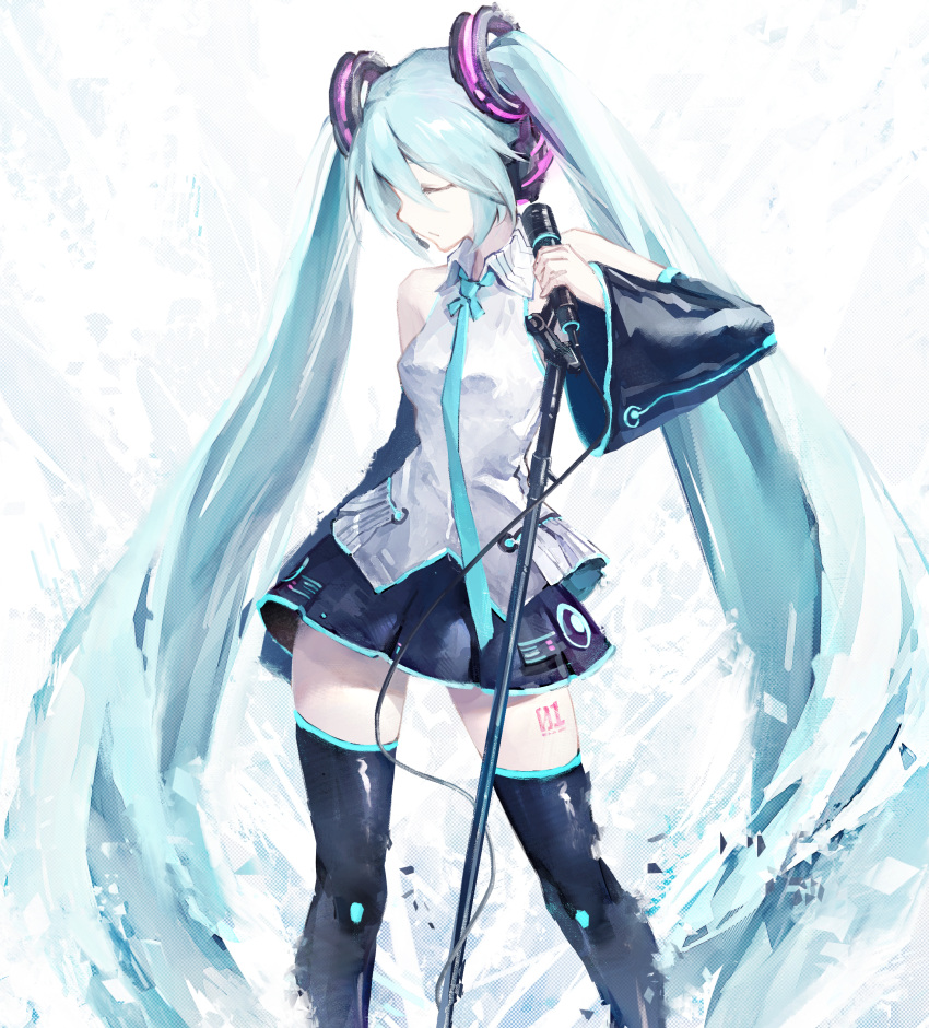 1girl, absurdres, aqua_hair, bare_shoulders, black_legwear, black_skirt, black_sleeves, blue_neckwear