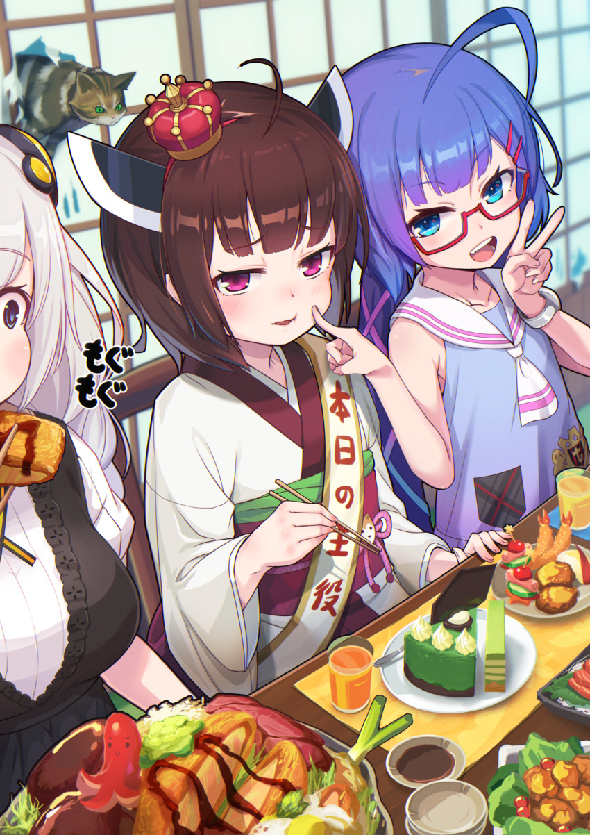 3girls, ahoge, apple_slice, bangs, bare_shoulders, birthday, black_dress, blue_eyes