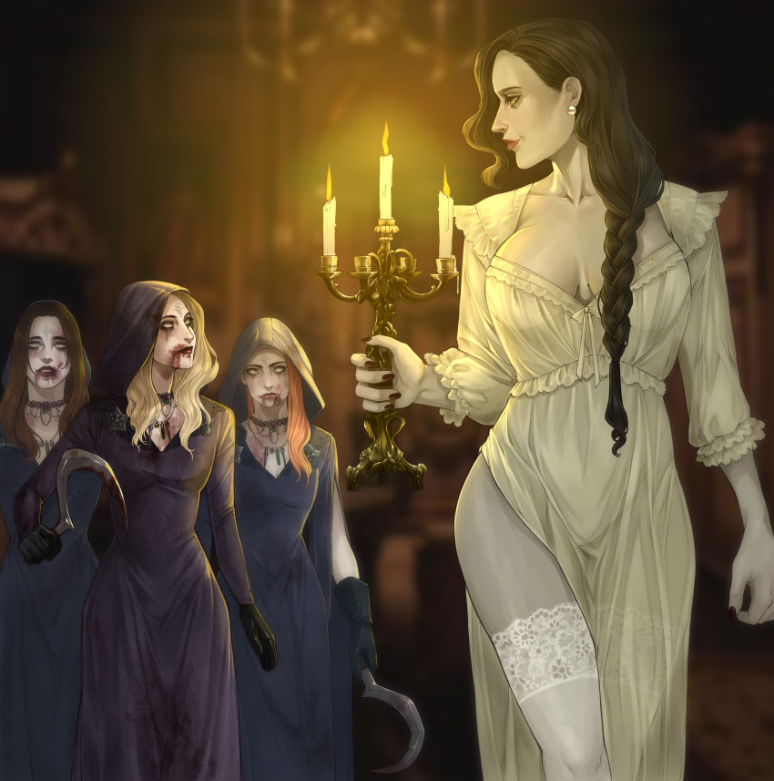 4girls, absurdres, alcina_dimitrescu, annasassiart, bela_(resident_evil), black_hair, blonde_hair, blood, blue_hair, braid, brown_hair, candlestand, cassandra_(resident_evil), cloak, daniela_(resident_evil), earrings, highres, holding, holding_candle, holding_weapon, hood, hooded_cloak, jewelry, long_hair, looking_at_another, looking_down, multiple_girls, necklace, nightgown, orange_hair, pelvic_curtain, resident_evil, resident_evil_village, smile, tall, tall_female, thigh-highs, weapon, yellow_eyes