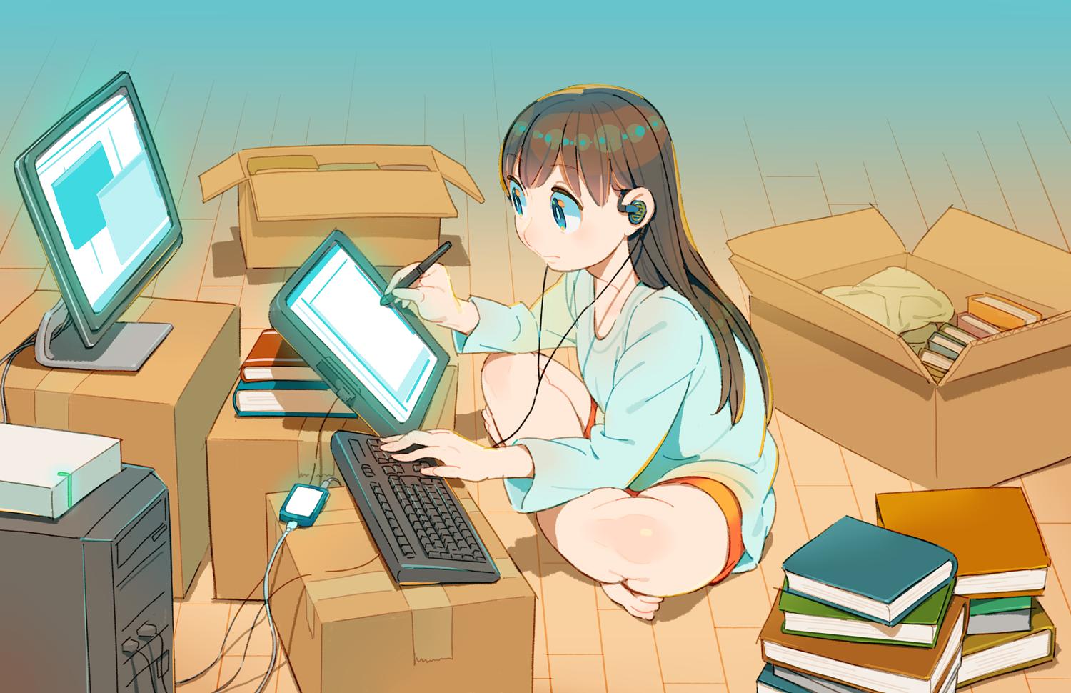 1girl, aqua_shirt, bare_legs, barefoot, book, book_stack, box, brown_hair