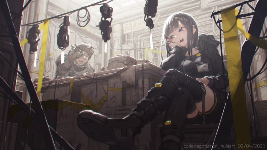 1boy, 1girl, black_footwear, black_hair, black_jacket, black_legwear, black_shorts, boots