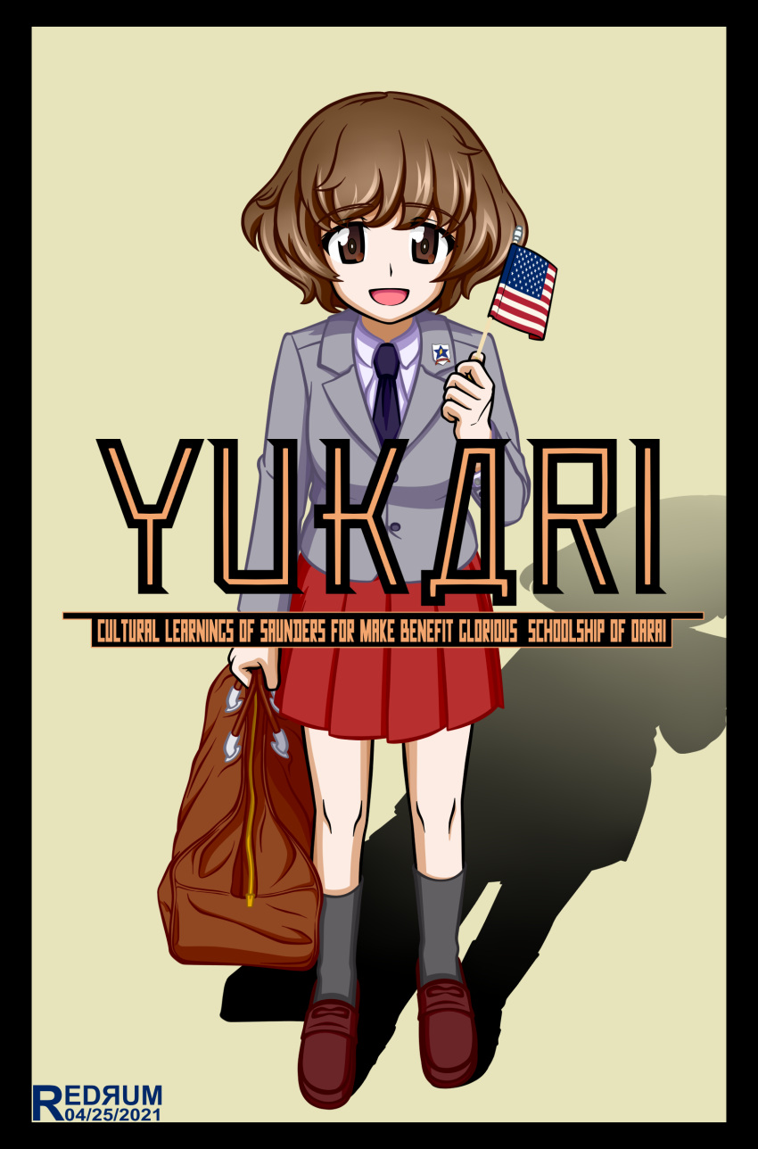 1girl, absurdres, akiyama_yukari, alternate_costume, artist_name, bag, bangs, black_border, black_neckwear, blazer, borat, border, brown_eyes, brown_footwear, brown_hair, character_name, commentary, dated, dress_shirt, emblem, english_commentary, english_text, engrish_commentary, engrish_text, eyebrows_visible_through_hair, flag, full_body, girls_und_panzer, grey_jacket, grey_legwear, highres, holding, holding_flag, jacket, loafers, long_sleeves, looking_at_viewer, messy_hair, miniskirt, necktie, open_mouth, parody, pleated_skirt, ranguage, red_skirt, redrum_(haghighiaria25), saunders_(emblem), saunders_school_uniform, school_bag, school_uniform, shadow, shirt, shoes, short_hair, skirt, smile, socks, solo, standing, white_shirt, wing_collar