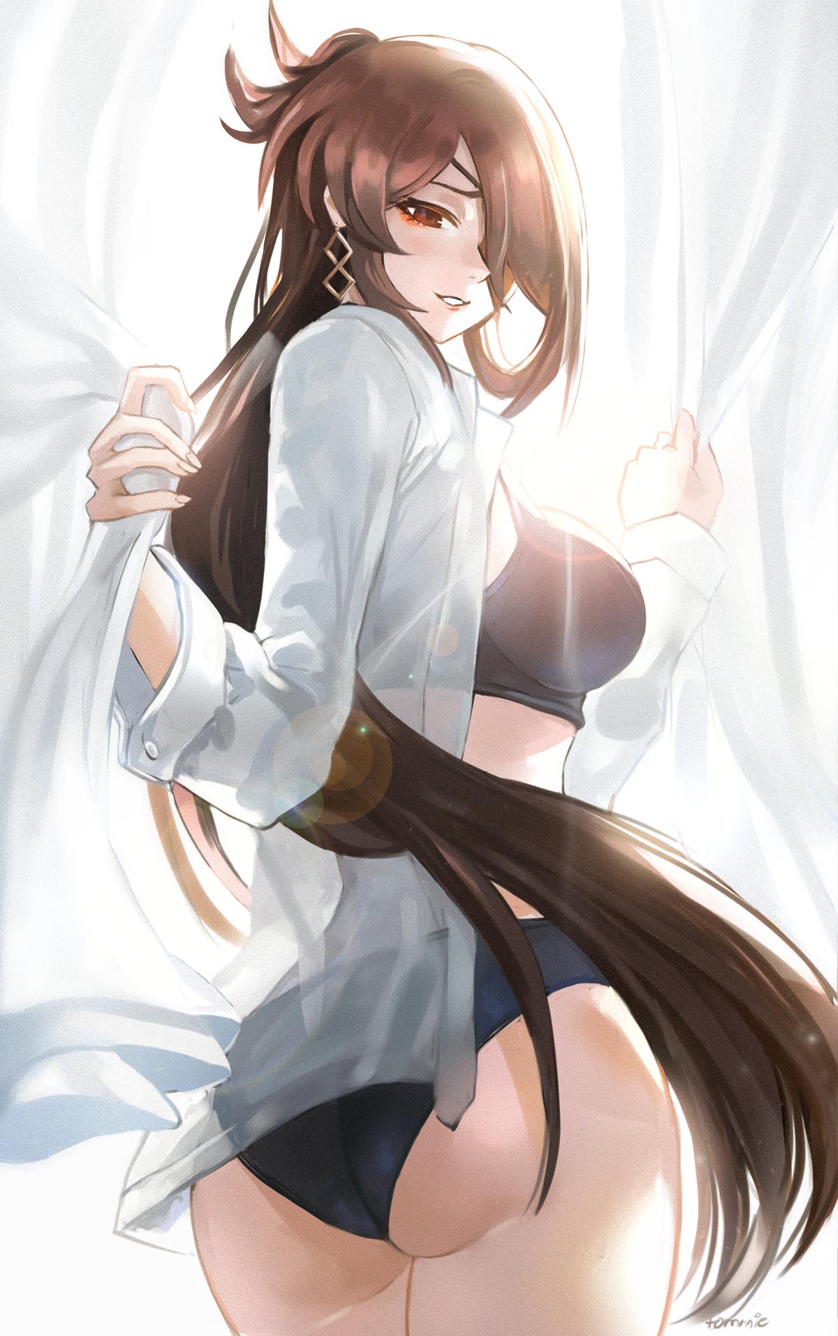 1girl, ass, beidou_(genshin_impact), black_bra, black_panties, bra, brown_eyes, brown_hair, collared_shirt, curtains, dress_shirt, earrings, english_commentary, eyepatch, from_behind, genshin_impact, hair_ornament, hair_over_one_eye, hair_stick, hairpin, highres, jewelry, long_hair, open_clothes, open_shirt, panties, red_eyepatch, see-through, shirt, smile, thighs, tommy_(kingdukeee), underwear, white_shirt