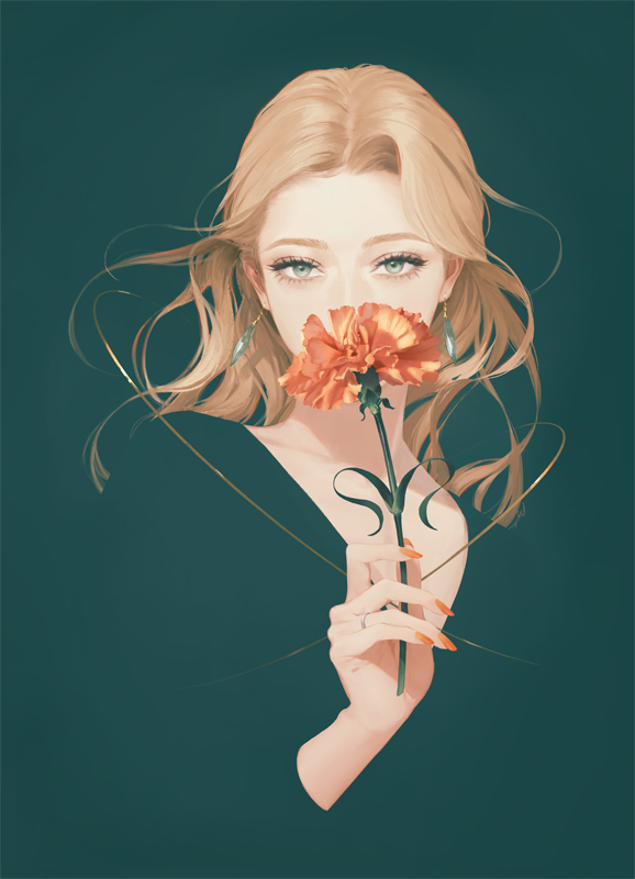 1girl, blending, blonde_hair, carnation, covering_mouth, earrings, flower, green_background