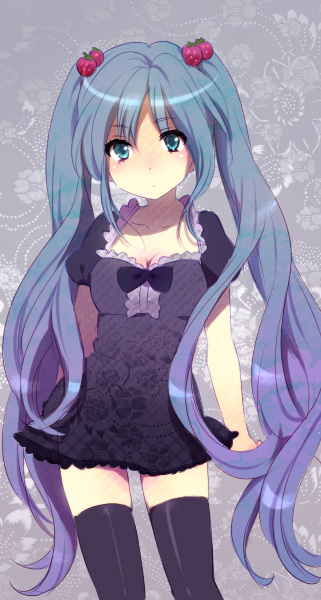 aqua_eyes, aqua_hair, bad_id, dress, food, fruit, hatsune_miku, long_hair