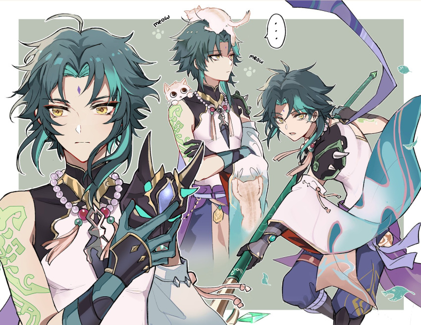 1boy, ahoge, animal, animal_on_head, animal_on_shoulder, aqua_hair, arm_tattoo, asymmetrical_clothes