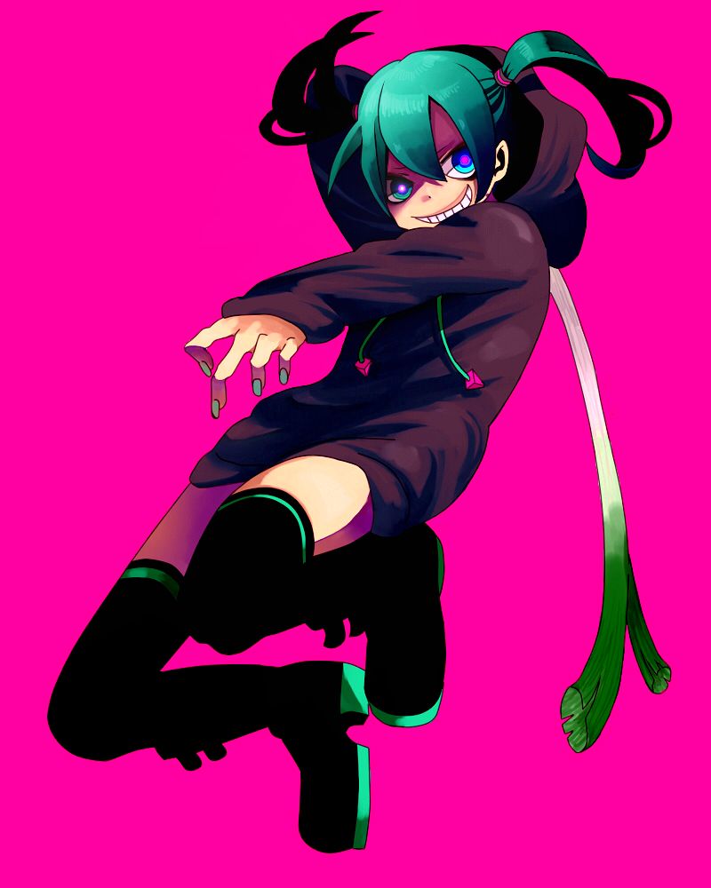 aira_(radturee), aqua_eyes, aqua_hair, bad_id, crazy_eyes, grin, hatsune_miku, hoodie, jpeg_artifacts, long_hair, simple_background, smile, solo, spring_onion, thigh-highs, thighhighs, twintails, vocaloid, zettai_ryouiki