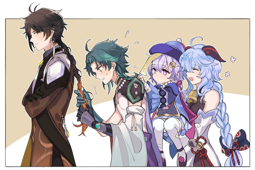 2boys, 2girls, adjusting_another's_hair, ahoge, alternate_hairstyle, aqua_hair, asymmetrical_clothes, bandaged_arm