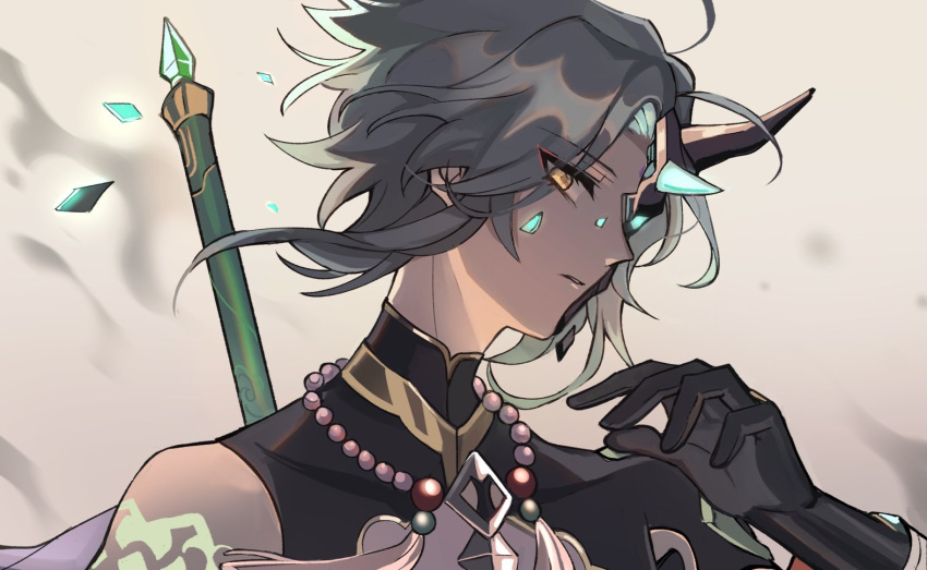 1boy, ahoge, arm_tattoo, bead_necklace, beads, black_gloves, black_hair, broken_mask
