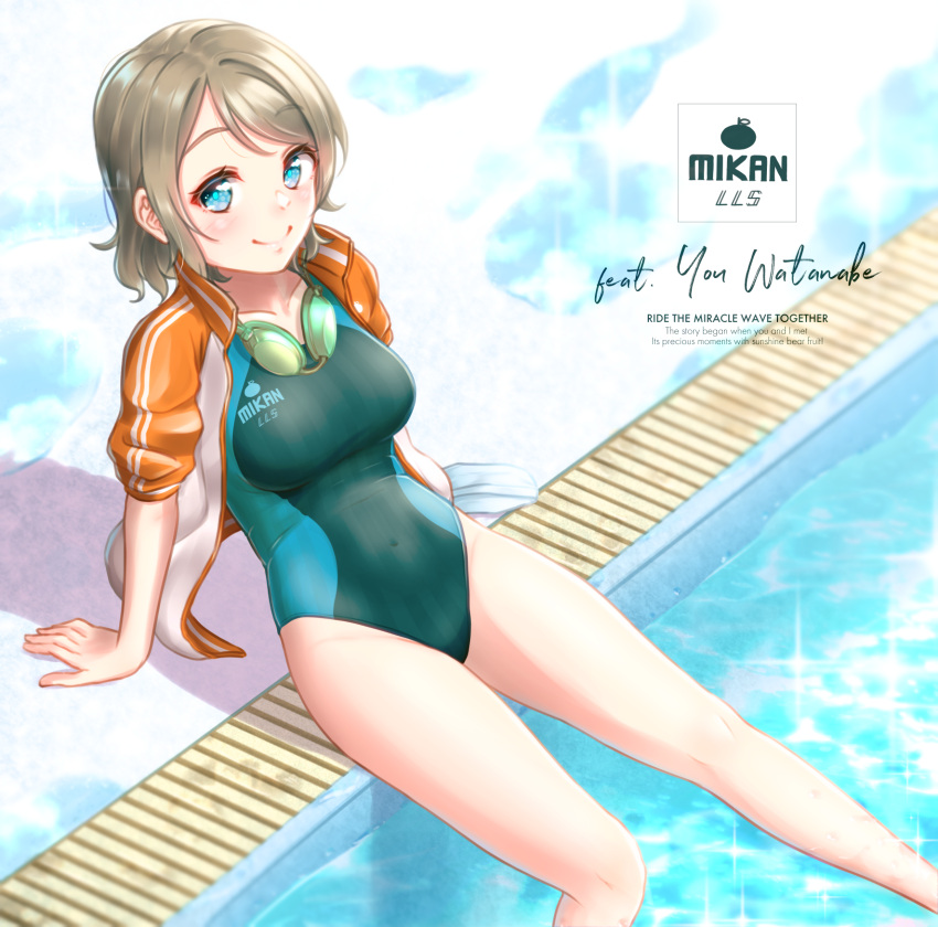1girl, blue_eyes, breasts, character_name, commentary_request, competition_swimsuit, goggles, goggles_around_neck
