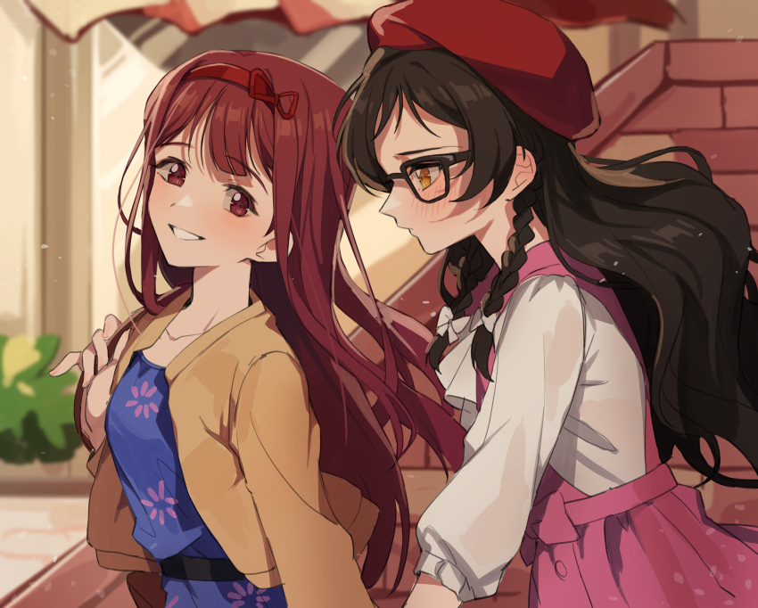 2girls, absurdres, beige_jacket, beret, bespectacled, black-framed_eyewear, blue_dress, blush