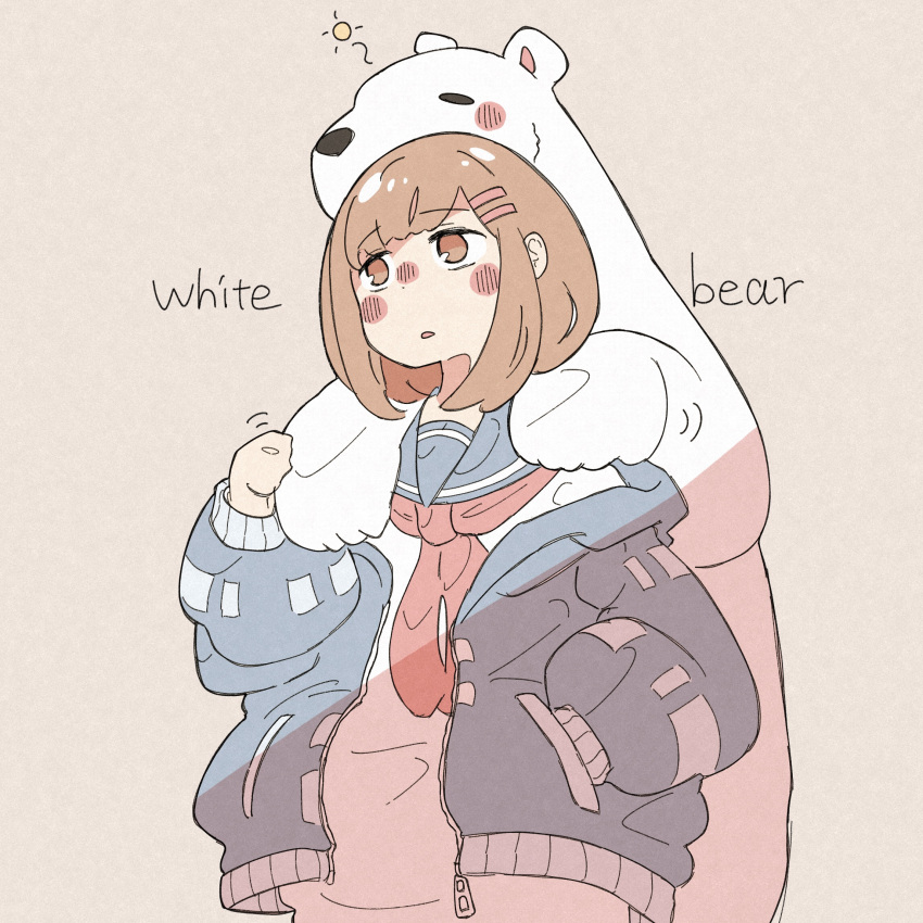 1girl, animal, bear, blue_jacket, blush, brown_background, brown_eyes, brown_hair