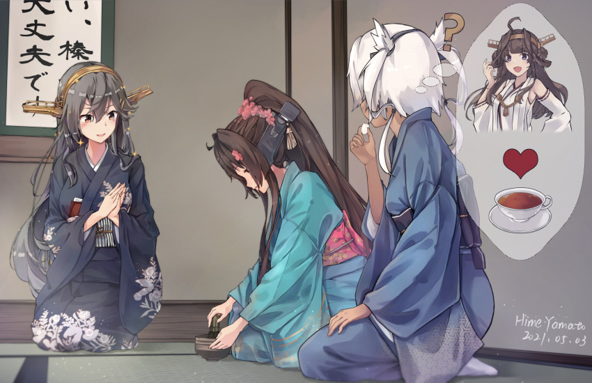 3girls, alternate_costume, aqua_kimono, artist_name, black_hair, black_kimono, blue_kimono, brown_hair