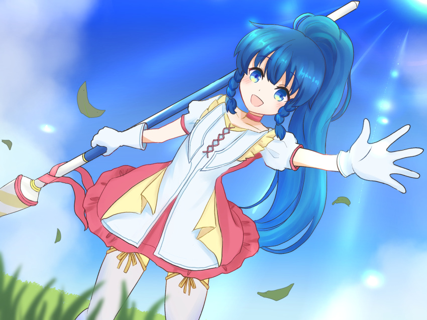 1girl, :d, bangs, blue_eyes, blue_hair, blue_sky, blush, braid