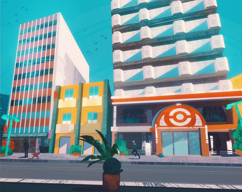 bird, blue_sky, building, celadon_city, city, commentary, english_commentary, gen_1_pokemon