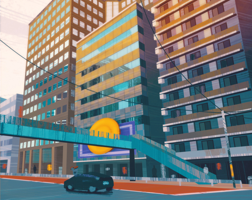 bridge, building, car, city, commentary, day, english_commentary, ground_vehicle, highres, motor_vehicle, outdoors, people, poke_ball_symbol, pokemon, pokemon_(creature), power_lines, road, saffron_city, scenery, sidewalk, sign, simone_mandl, sky, skyscraper, stairs, utility_pole
