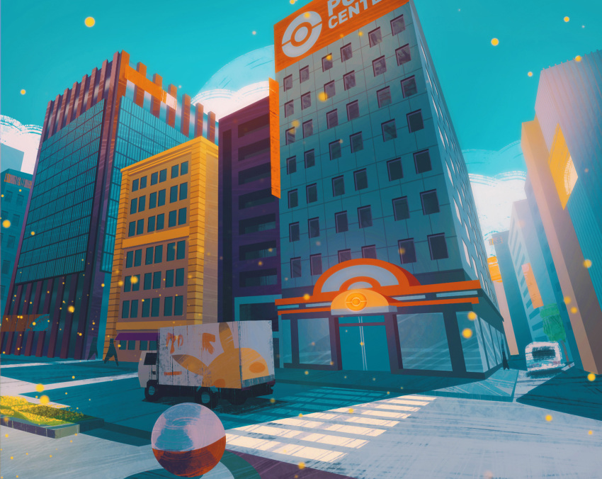 blue_sky, building, cloud, cloudy_sky, commentary, electrode, english_commentary, gen_1_pokemon