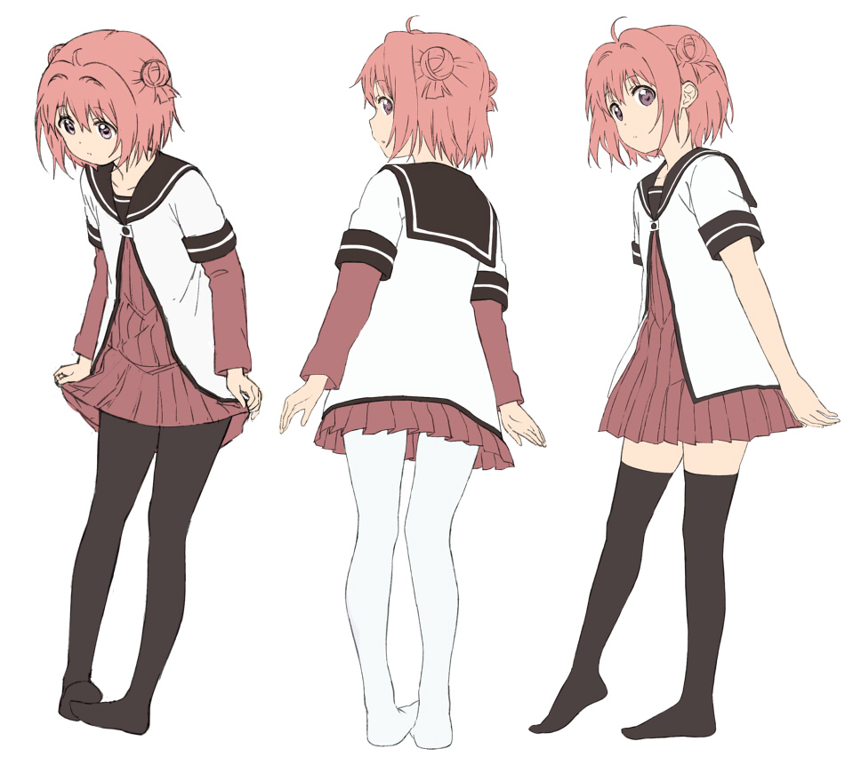 1girl, ahoge, akaza_akari, black_legwear, character_sheet, closed_eyes, collarbone, double_bun