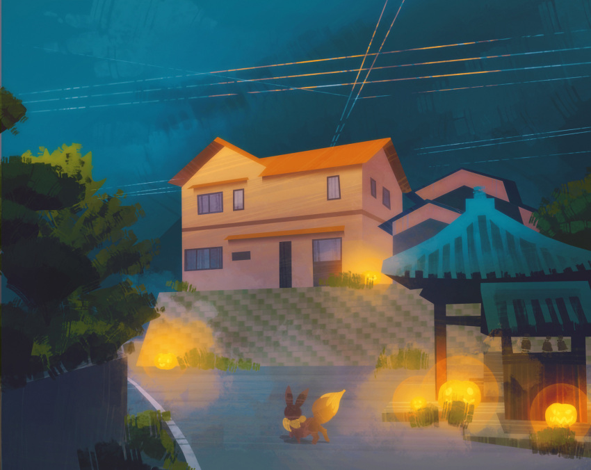 building, commentary, eevee, english_commentary, fuchsia_city, gen_1_pokemon, glowing, grass
