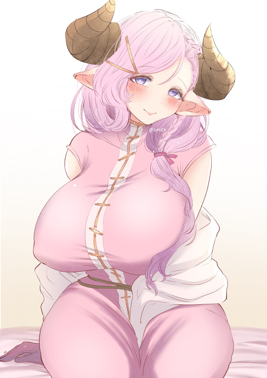 1girl, akano_yomi, blush, braid, breasts, bright_pupils, covered_nipples, draph, dress, eyebrows_visible_through_hair, gloves, granblue_fantasy, hair_ornament, hairclip, highres, horns, huge_breasts, laruna_(granblue_fantasy), lips, long_hair, looking_at_viewer, mature_female, on_bed, pink_dress, pink_hair, pointy_ears, short_sleeves, side_braid, single_braid, sitting, sitting_on_bed, smile, solo, tagme, twitter_username, violet_eyes, white_pupils