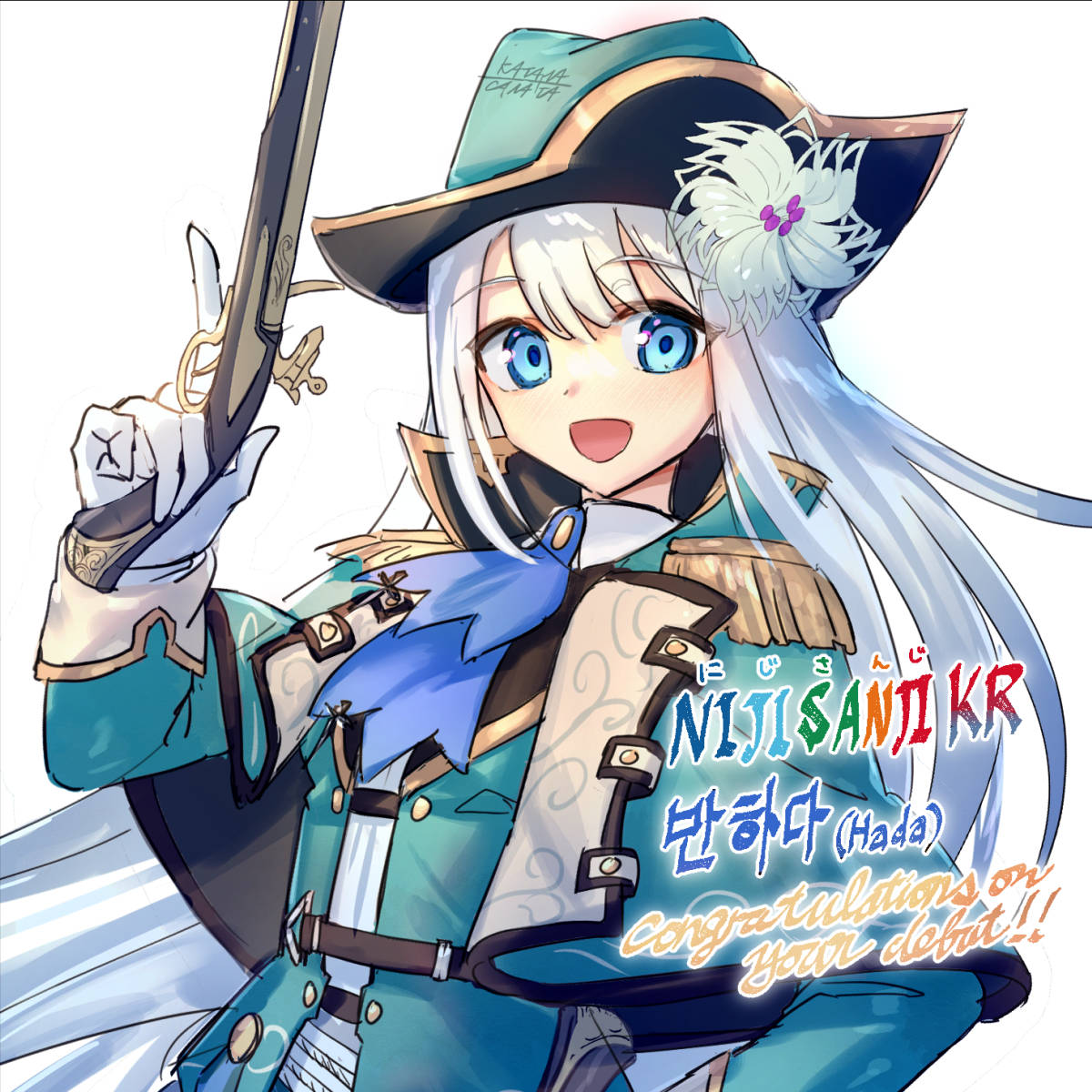 1girl, antique_firearm, ascot, ban_hada, bangs, belt, black_belt, blue_neckwear