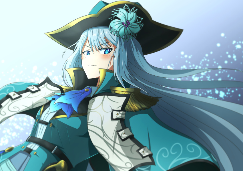 1girl, ban_hada, belt, black_belt, blue_eyes, blue_flower, blue_jacket, blush