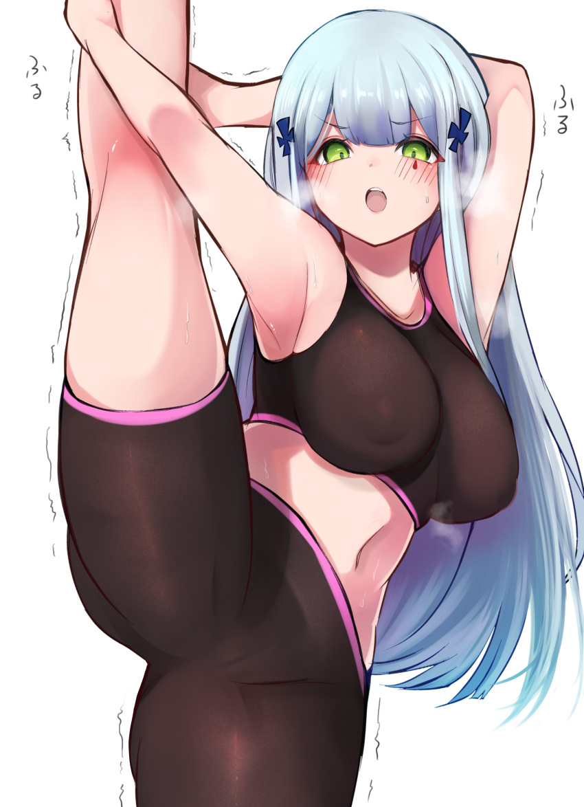 10eki_(tenchou), 1girl, 416_day, absurdres, armpits, bangs, black_shorts, black_sports_bra, blunt_bangs, blush, breasts, collarbone, covered_nipples, cowboy_shot, eyebrows_visible_through_hair, facial_mark, girls_frontline, green_eyes, hair_ornament, highres, hk416_(girls_frontline), large_breasts, leg_lift, leg_up, light_blue_hair, long_hair, looking_at_viewer, midriff, navel, open_mouth, shorts, simple_background, solo, split, sports_bra, standing, standing_on_one_leg, standing_split, sweat, teardrop, white_background