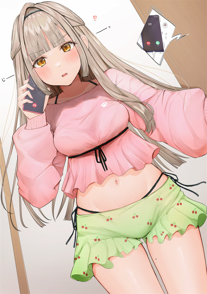 !?, 1girl, absurdres, bangs, black_panties, blunt_bangs, blush, breasts, brown_eyes, cellphone, collarbone, commentary_request, cowboy_shot, fruit_pattern, green_skirt, hairband, halter_top, halterneck, highres, holding, holding_phone, light_brown_hair, long_hair, long_sleeves, medium_breasts, navel, open_mouth, original, panties, phone, pink_shirt, print_skirt, puffy_sleeves, shirt, side-tie_panties, sidelocks, skirt, smartphone, solo, thigh-highs, thigh_gap, uiri-na, underwear, v-shaped_eyebrows