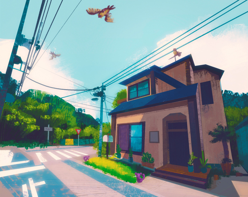 blue_sky, building, bush, clouds, cloudy_sky, commentary, english_commentary, flying