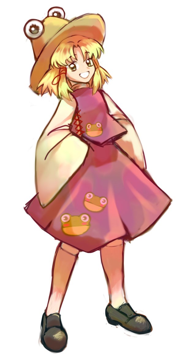 1girl, animal_print, bangs, black_footwear, blonde_hair, caramelized_tomatoes, frog_print, full_body