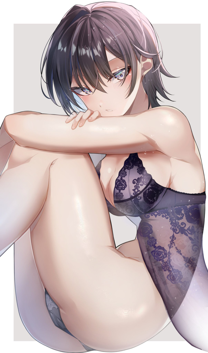 1girl, ass, black_hair, blush, bra, breasts, curled_up, hair_behind_ear