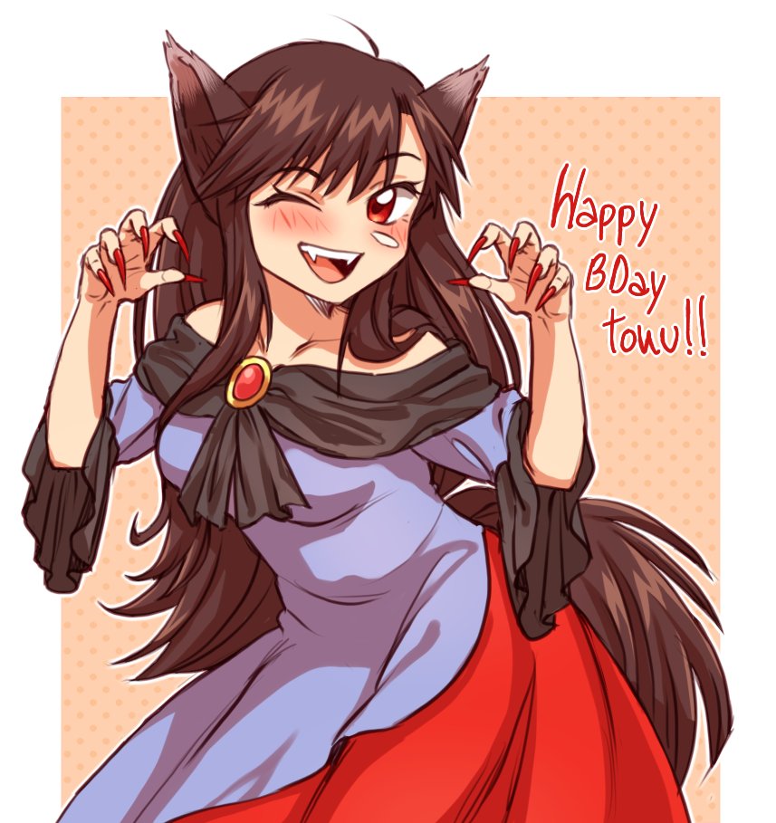 1girl, animal_ears, brooch, brown_hair, caramelized_tomatoes, dress, drill_locks, fingernails