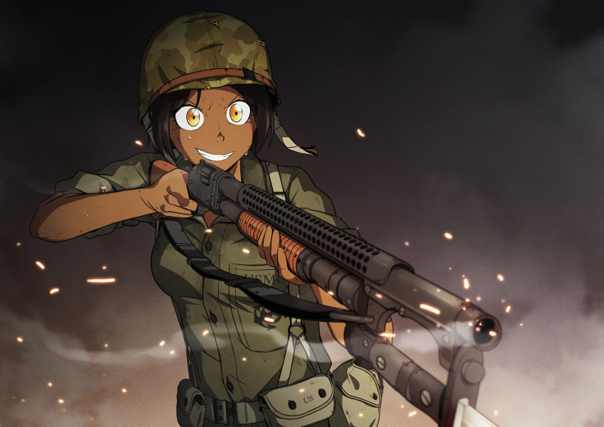 1girl, bayonet, canteen, dark_skin, embers, gloves, gun, helmet, highres, holding, holding_gun, holding_weapon, military, military_uniform, mrxinom, original, pouch, short_hair, shotgun, smoke, soldier, solo, uniform, united_states_marine_corps, weapon