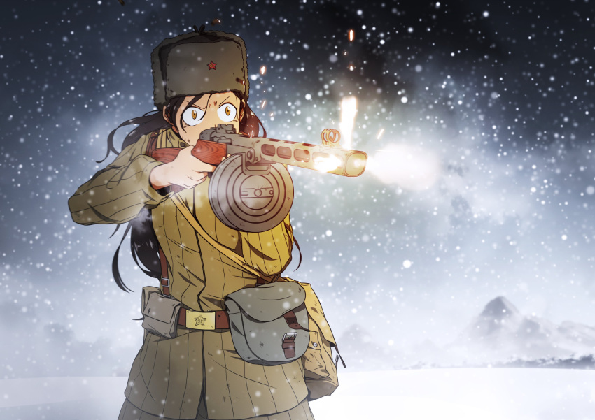 1girl, drum_magazine, firing, gloves, gun, hat, highres, holding