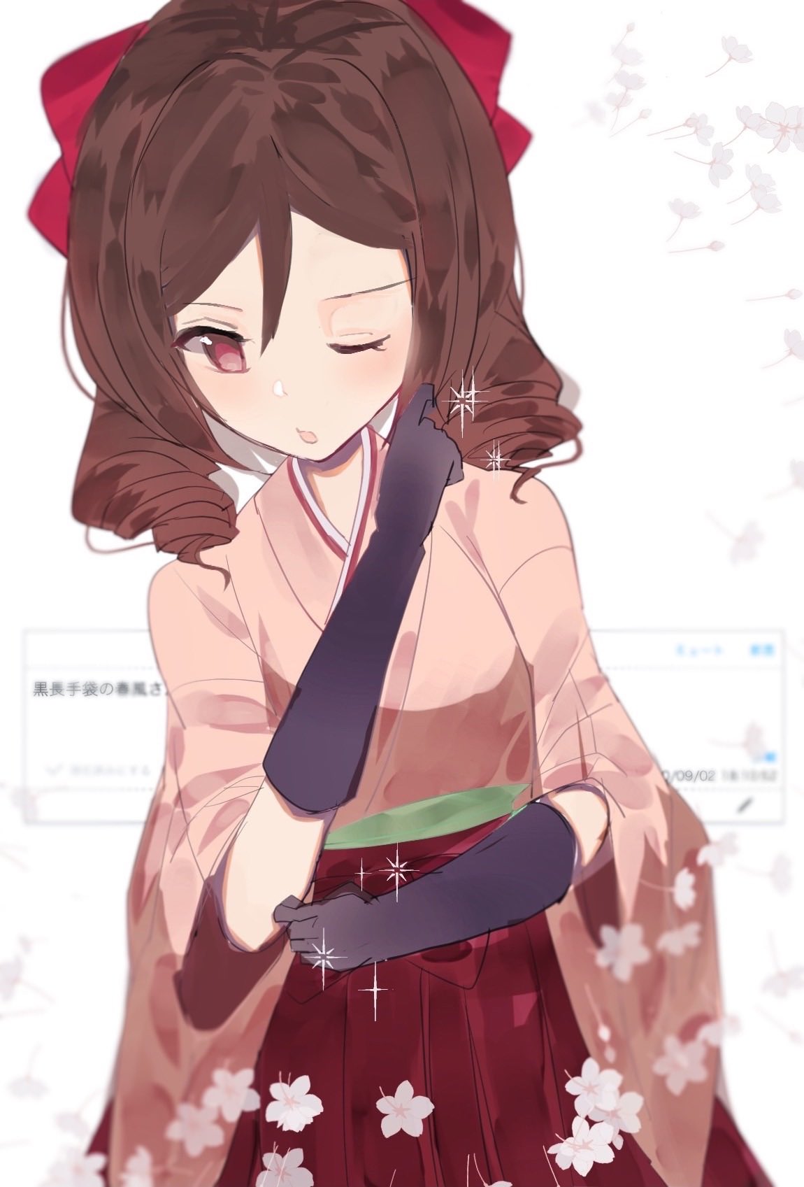1girl, black_gloves, bow, brown_hair, commentary_request, cowboy_shot, drill_hair, gloves