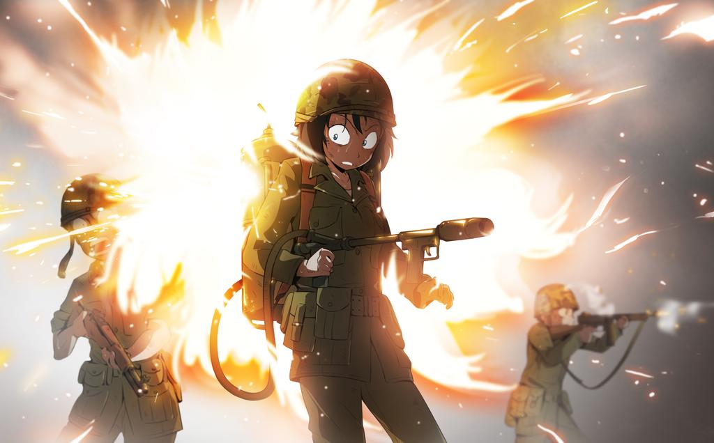 1girl, explosion, fire, flame, flamethrower, gun, helmet, holding