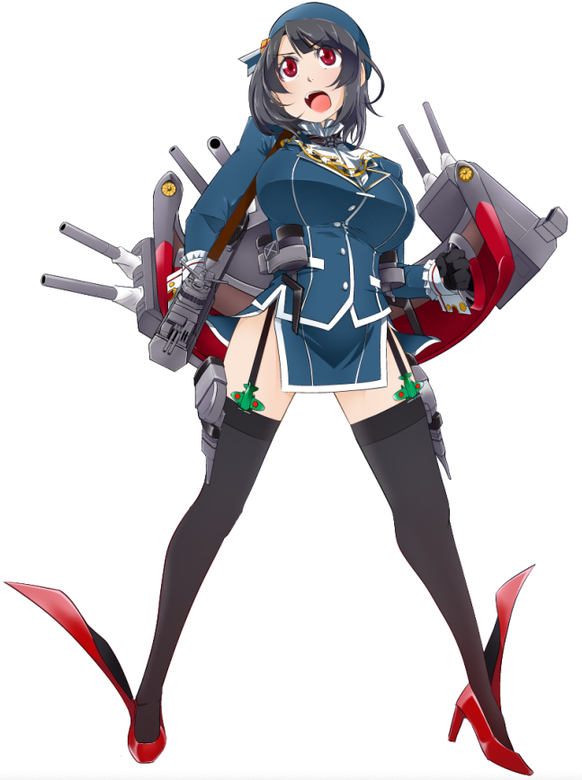 1girl, beret, black_gloves, black_hair, black_legwear, blue_background, blue_headwear, breasts, commentary_request, garter_straps, gloves, hat, kantai_collection, large_breasts, military, military_uniform, miniskirt, open_mouth, red_eyes, rudder_footwear, short_hair, simple_background, skirt, solo, standing, takao_(kancolle), thigh-highs, uniform, uzuki_kosuke, white_background