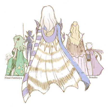 2girls, 3boys, armor, blonde_hair, cain_highwind, cape, cecil_harvey, edward_geraldine, female, final_fantasy, final_fantasy_iv, green_hair, helmet, long_hair, male, na_(pixiv913562), rosa_farrell, rydia, short_hair, white_hair, whyt