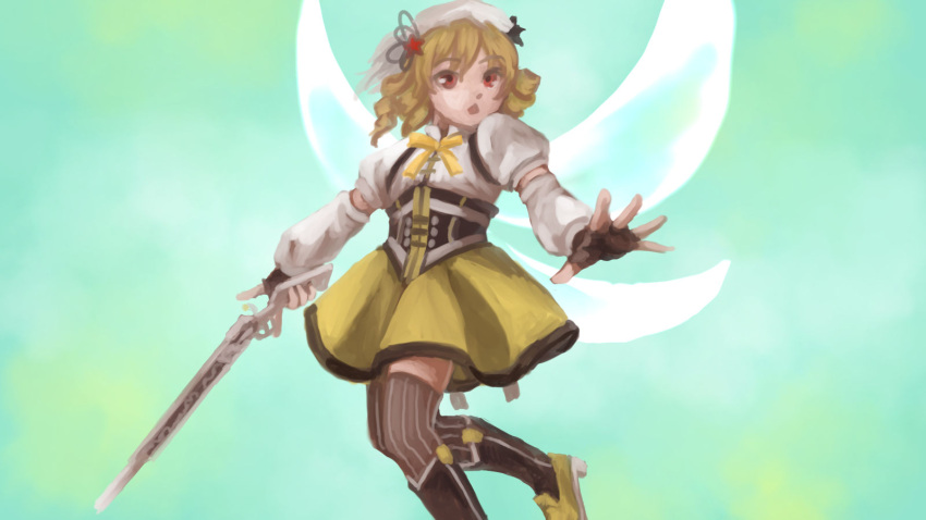 1girl, beret, black_legwear, blonde_hair, boots, brown_legwear, corset, crossover