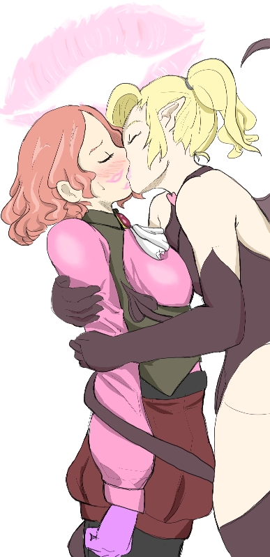 2girls, blonde_hair, breast_press, breasts, closed_eyes, demon_girl, demon_wings, elbow_gloves, english_commentary, eruza-hiwatari, gloves, heart, hug, kiss, light_brown_hair, lipstick_mark, long_hair, medium_breasts, multiple_girls, okumura_haru, persona, persona_5, pointy_ears, ponytail, short_hair, succubus_(megami_tensei), symmetrical_docking, tail, tail_wrap, wavy_hair, wings, yuri