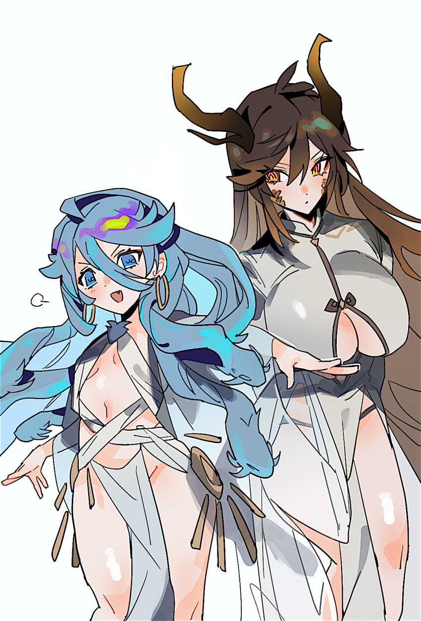 2girls, bangs, blue_eyes, blue_hair, blush, breasts, brown_hair, child, china_dress, chinese_clothes, cleavage_cutout, closed_mouth, clothing_cutout, commentary_request, dragon_girl, dragon_horns, dress, earrings, eyeliner, eyeshadow, fang, genderswap, genderswap_(mtf), genshin_impact, gradient_hair, hair_between_eyes, highres, hoop_earrings, horns, jewelry, large_breasts, long_hair, long_sleeves, looking_at_another, makeup, mimlmi, multicolored_hair, multiple_girls, navel, open_mouth, orange_hair, osial_(genshin_impact), personification, red_eyeshadow, scales, simple_background, snake_hair, thong, veil, very_long_hair, white_background, yellow_eyes, zhongli_(genshin_impact)