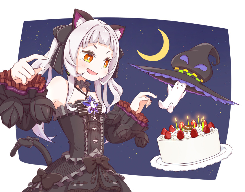 1girl, animal_ear_fluff, animal_ears, bangs, birthday_cake, black_dress, black_sleeves, blunt_bangs, bow, brooch, cake, cat_ears, cat_girl, cat_tail, center_frills, choker, cowboy_shot, criss-cross_halter, detached_sleeves, dress, dress_bow, earrings, food, frilled_choker, frilled_dress, frilled_ribbon, frills, gothic_lolita, hair_ribbon, halter_dress, halterneck, happy_birthday, hat, hat_removed, headwear_removed, highres, hololive, jewelry, juliet_sleeves, kiwami133, layered_dress, lolita_fashion, long_hair, long_sleeves, moon, murasaki_shion, open_mouth, pinstripe_dress, pinstripe_pattern, puffy_sleeves, ribbon, short_eyebrows, sidelocks, silver_hair, sleeveless, sleeveless_dress, smile, solo, star_(symbol), striped, tail, tail_bow, tail_ornament, triangle_earrings, twintails, v-shaped_eyebrows, virtual_youtuber, wide_sleeves, witch_hat, yellow_eyes