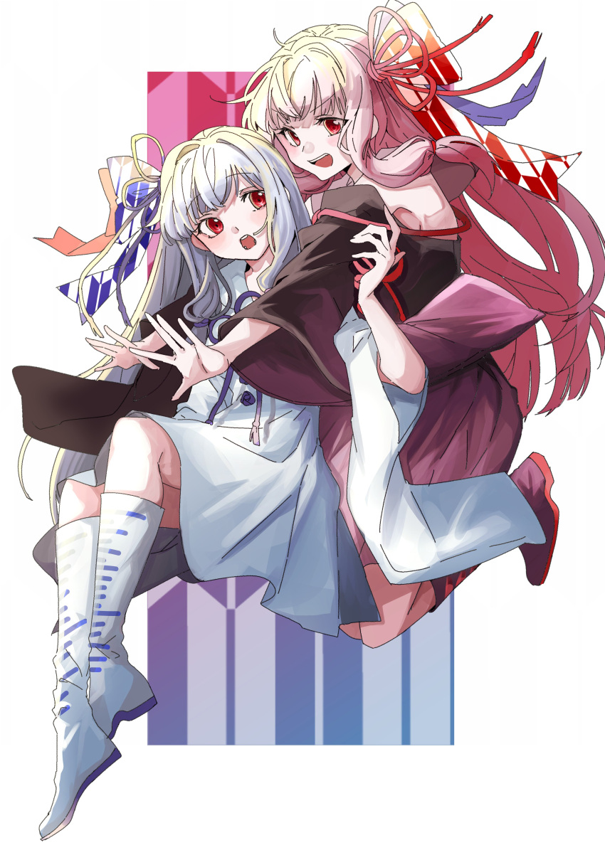 2girls, absurdres, black_dress, blue_dress, blue_footwear, blue_ribbon, boots, commentary